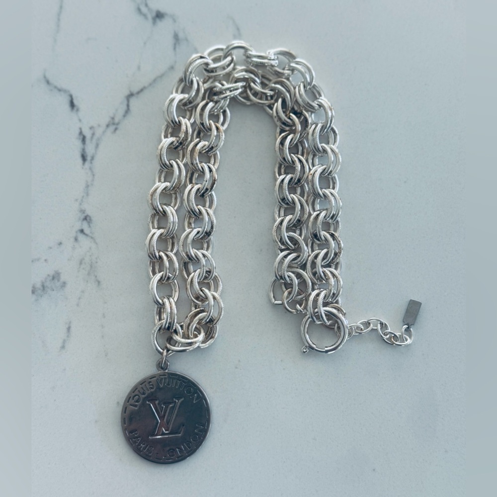 Silver Double Link 20” Chain Necklace w/ Rare 1 1/4” Louis Vuitton Pendant
